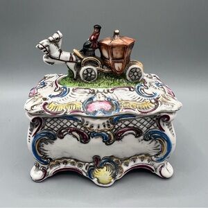 Antique Porcelain Horse Drawn Carriage Trinket / Dresser Box Germany
